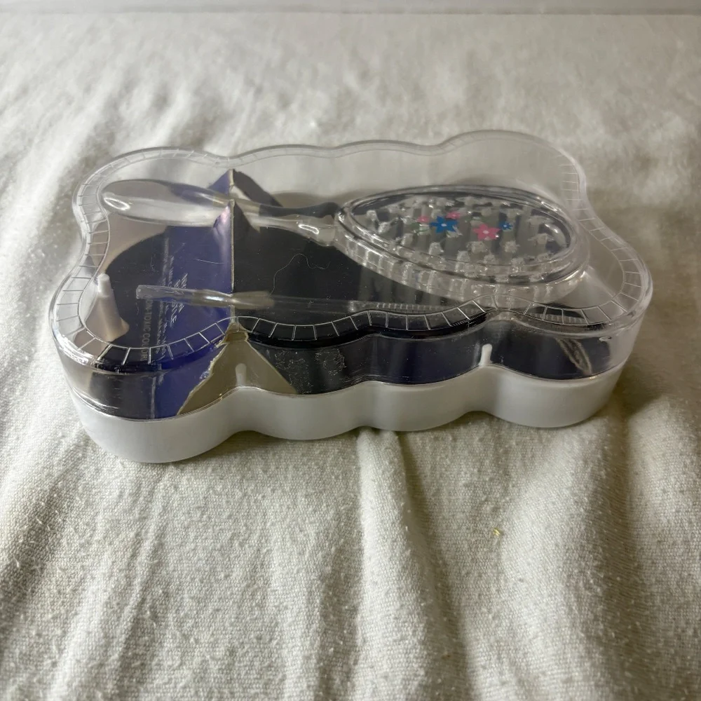 Vtg Sanitoy Childs Hairbrush & Comb Set Clear Pink/Blue Flower Orig Plastic Case